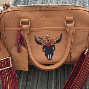 Consuela Tan Crossbody Bag with Embroidered Skull